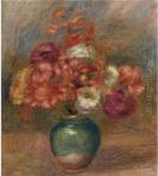 Bouquet De Fleurs Dans Un Vase Vert Oil Painting by Pierre Auguste Renoir