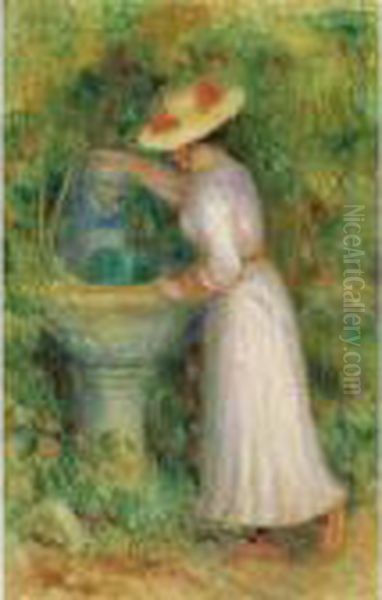 La Fontaine Or Jeune Fille Pres D'une Fontaine Oil Painting by Pierre Auguste Renoir