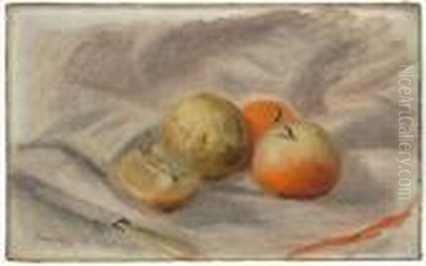 Nature Morte Aux Pommes Et Couteau.. Oil Painting by Pierre Auguste Renoir