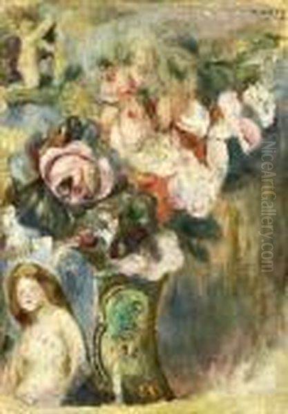 Vase De Fleurs Et Femme Oil Painting by Pierre Auguste Renoir