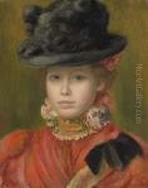 Jeune Fille Au Chapeau Noir A Fleurs Rouges Oil Painting by Pierre Auguste Renoir