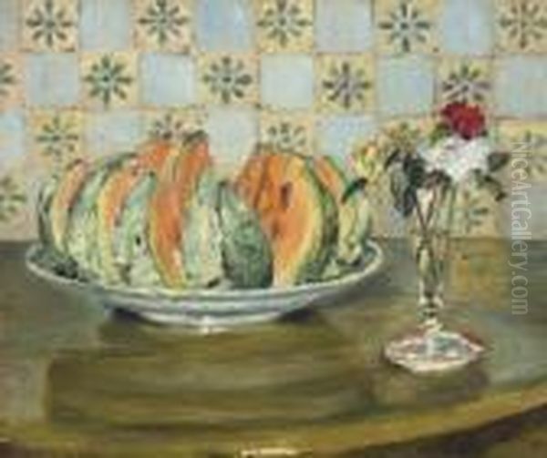 Nature Morte Au Melon Et Au Vase De Fleurs Oil Painting by Pierre Auguste Renoir