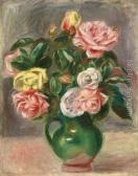 Bouquet De Roses Dans Un Vase Vert Oil Painting by Pierre Auguste Renoir