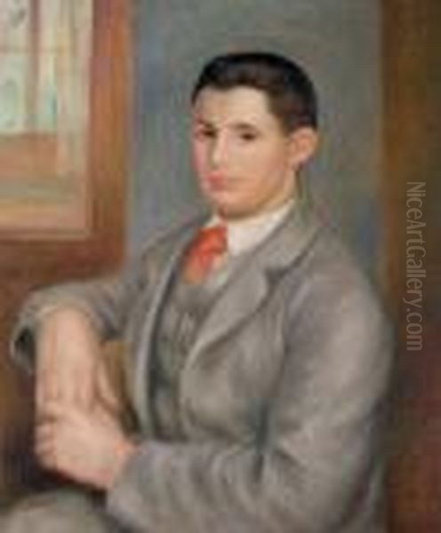 Jeune Homme A La Cravate Rouge, Portrait D'eugene Renoir Oil Painting by Pierre Auguste Renoir