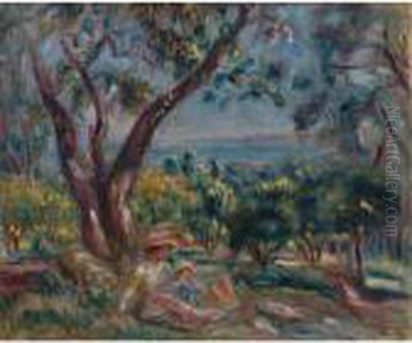 Paysage A Cagnes Avec Femme Et Enfant Oil Painting by Pierre Auguste Renoir