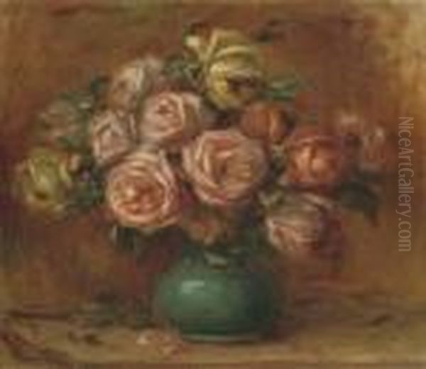 Bouquet De Roses Dans Un Vase Vert Oil Painting by Pierre Auguste Renoir