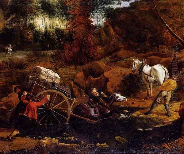 Figures With A Cart And Horses Fording A Stream Oil Painting by Jan Siberechts