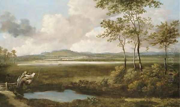 A view in the Thames Valley with a figure by a pond in the foreground Oil Painting by Jan Siberechts