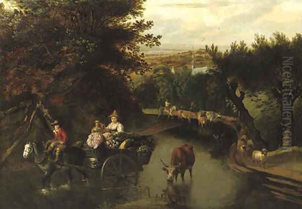 A wooded landscape with peasants in a horse-drawn cart travelling down a flooded road Oil Painting by Jan Siberechts