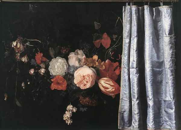 Flower Still-Life with Curtain 1658 Oil Painting by Adrian Van Der Spelt