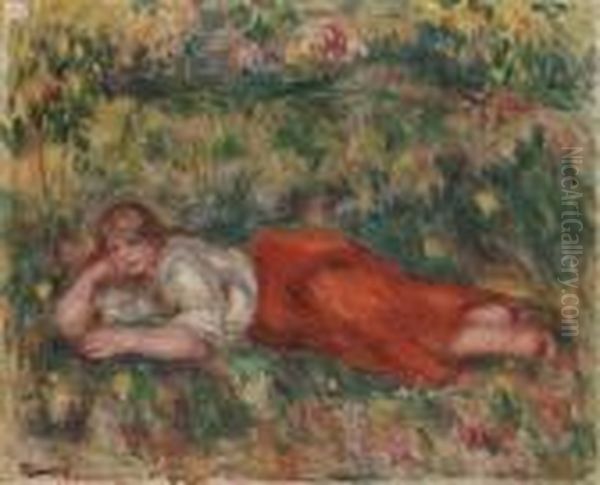 Femme En Rouge Et Blanc Couchee Dans L'herbe Oil Painting by Pierre Auguste Renoir