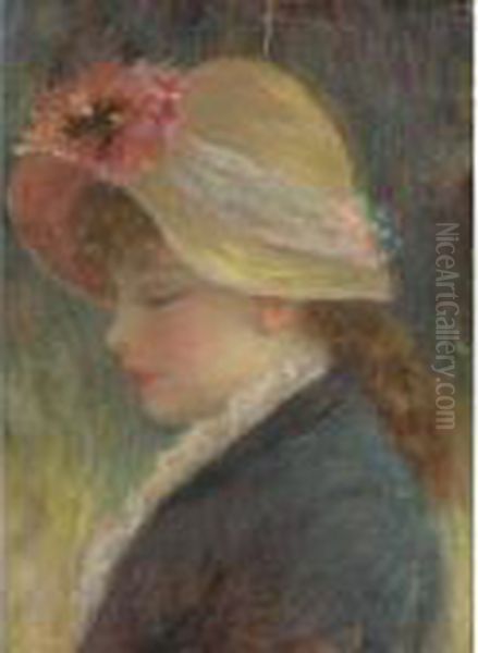 A Young Girl In A Flowered Hat Oil Painting by Pierre Auguste Renoir