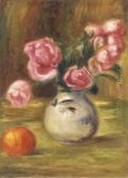 Vase De Roses Et Orange Oil Painting by Pierre Auguste Renoir