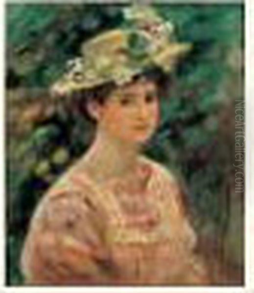 Julie Manet A La Robe Rose Et Au Chapeau A Fleurs De Pommier Oil Painting by Pierre Auguste Renoir