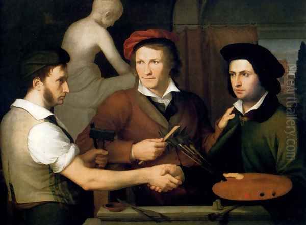 Self-Portrait With Brother Rudolph And Bertel Thorvaldsen Oil Painting by Friedrich Wilhelm von Schadow