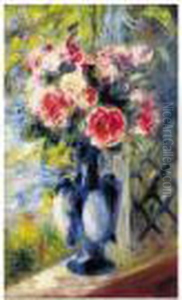 Bouquet De Roses Au Vase Bleu Oil Painting by Pierre Auguste Renoir