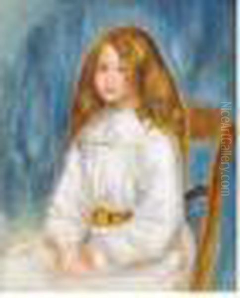 Fillette Assise Sur Un Fond Bleu Oil Painting by Pierre Auguste Renoir