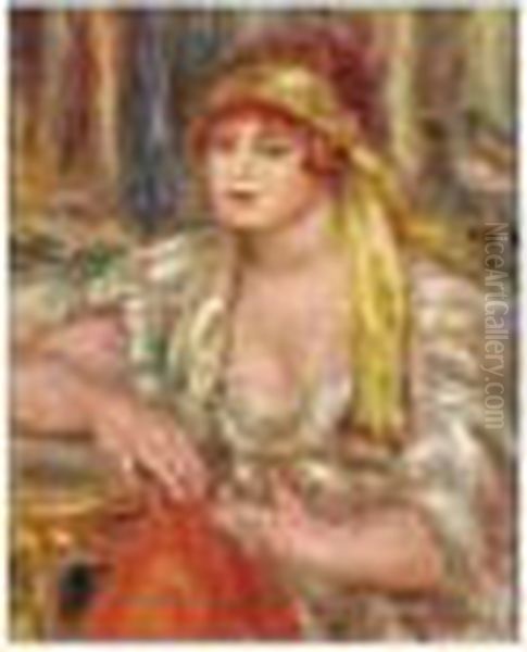 Andree En Turban Jaune Et Jupe Rouge Oil Painting by Pierre Auguste Renoir