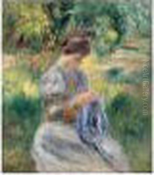 La Couseuse (femme Cousant Dans Un Jardin) Oil Painting by Pierre Auguste Renoir