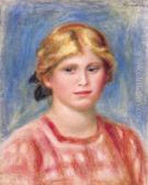 Buste De Femme A La Blouse Rose Oil Painting by Pierre Auguste Renoir