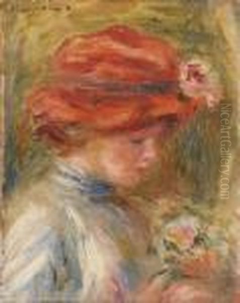 Jeune Femme Au Chapeau Rouge Oil Painting by Pierre Auguste Renoir