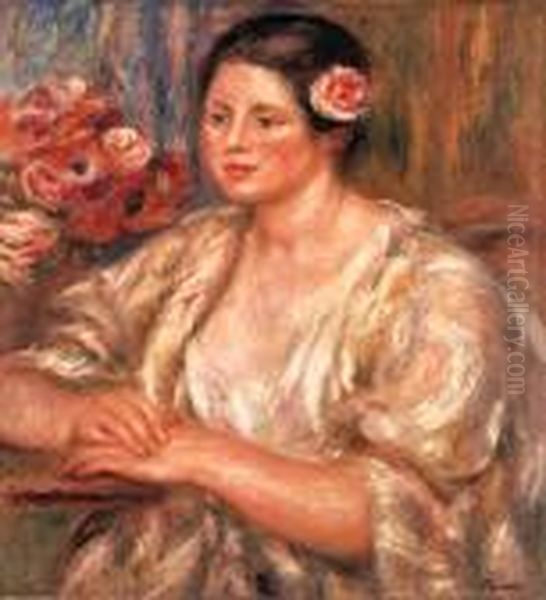 Madeleine Au Corsage Blanc Et Bouquet De Fleurs Oil Painting by Pierre Auguste Renoir