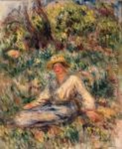 Femme En Bleu Dans Un Paysage (woman In Blue In A Landscape) Oil Painting by Pierre Auguste Renoir