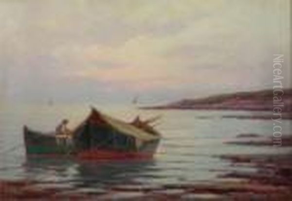 Pescatore In Rada Con Barche Oil Painting by Renuccio Renucci