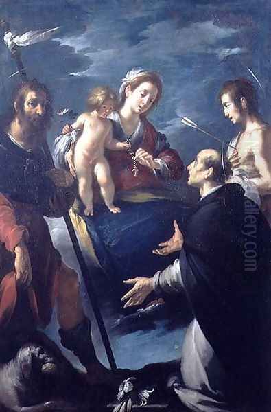 Madonna of the Rosary with St. Roch, St. Dominic and St. Sebastian Oil Painting by Bernardo Strozzi