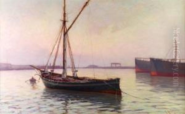 Tramonto Al Porto Oil Painting by Renuccio Renucci