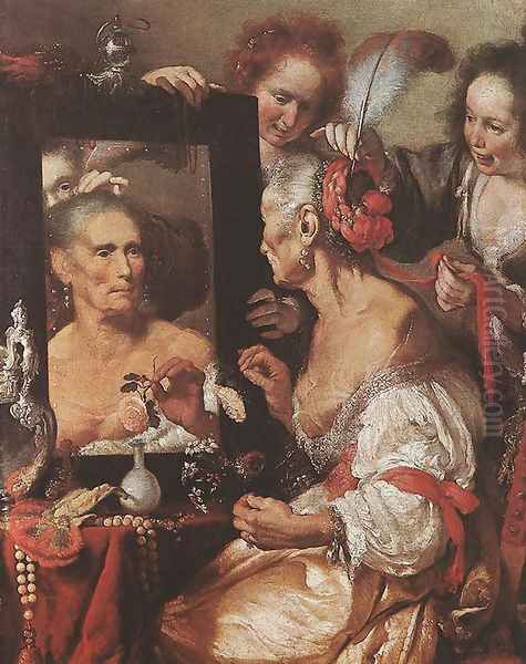 Old Woman at the Mirror c. 1615 Oil Painting by Bernardo Strozzi