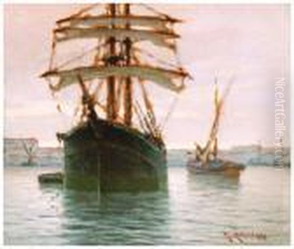 Velieri Nel Porto Di Livorno 1942 Oil Painting by Renuccio Renucci