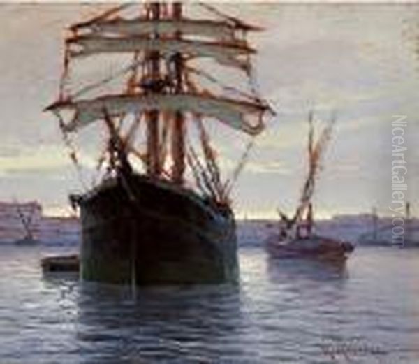 Veliero Nel Porto Di Livorno Oil Painting by Renuccio Renucci