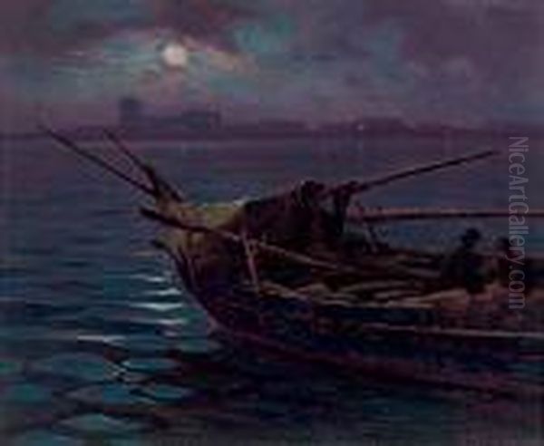 Barche In Notturno Oil Painting by Renuccio Renucci