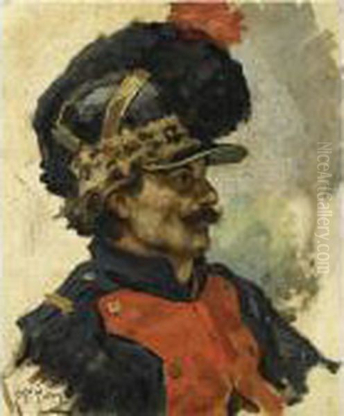 Portrait Of A French Dragoon Oil Painting by Ilya Efimovich Efimovich Repin