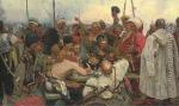 Zapoprozgii Cossacks Writing A Mocking Letter To The Turkish Sultan Oil Painting by Ilya Efimovich Efimovich Repin