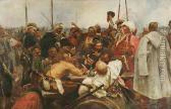 Zaporozcy Piszacy List Do Sultana Tureckiego, Kopia Oil Painting by Ilya Efimovich Efimovich Repin