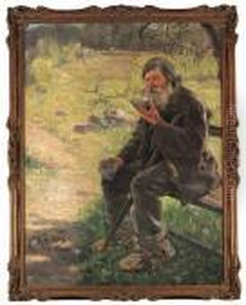 Portrait Of A Bearded Woodsman Drinking Tea Oil Painting by Ilya Efimovich Efimovich Repin