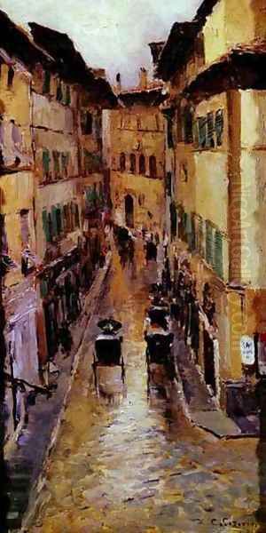 A Florence Street In The Rain 1888 Oil Painting by Bernardo Strozzi