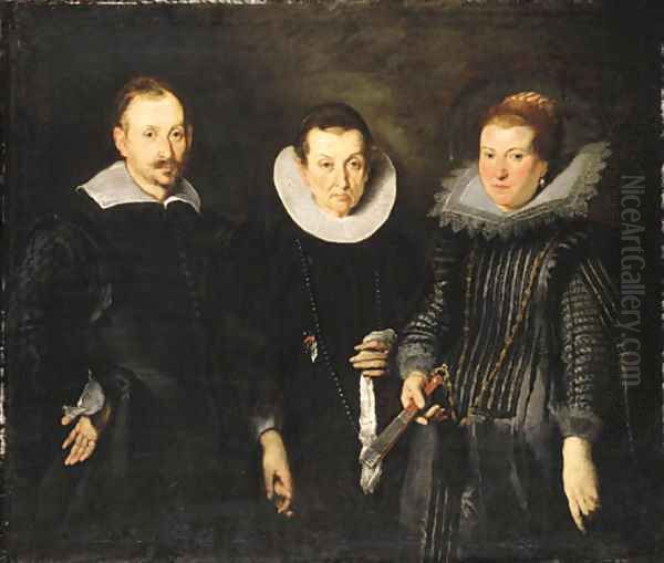 Group Portrait of Marchese Agostino di Tomaso Franzone, his wife, Camilla, nee Monsia di Bartolomeo, and their daughter, Maria Brigida Oil Painting by Bernardo Strozzi