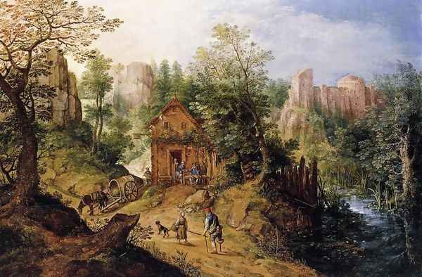 Mountain Valley with Inn and Castle 1593 Oil Painting by Pieter Stevens