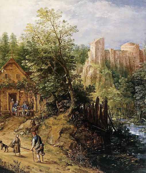 Mountain Valley With Inn And Castle (detail) 1593 Oil Painting by Pieter Stevens