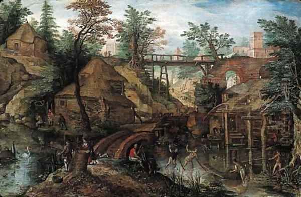 A wooded river landscape with fishermen by cottages, a wooden bridge beyond Oil Painting by Pieter Stevens