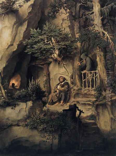 A Player with a Hermit c. 1846 Oil Painting by Moritz Ludwig von Schwind