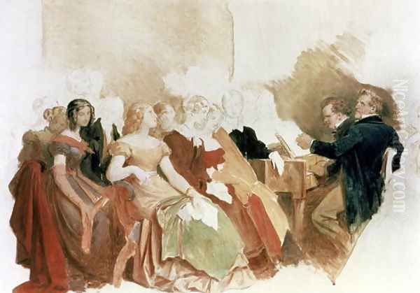 Study for An Evening at Baron von Spaun's: Schubert at the piano among his friends, including the operatic baritone Heinrich Vogl 1845-1900 Oil Painting by Moritz Ludwig von Schwind