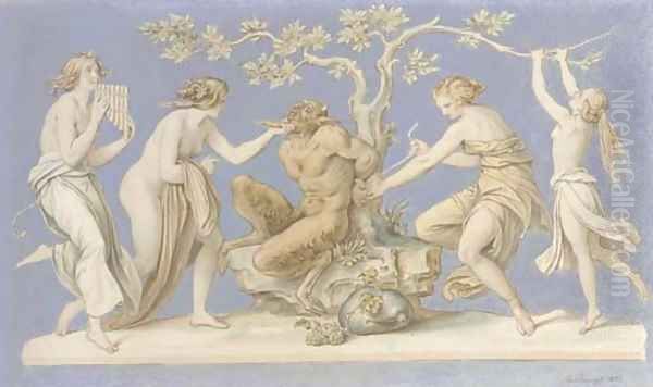 Four nymphs tying Pan to a tree Oil Painting by Moritz Ludwig von Schwind