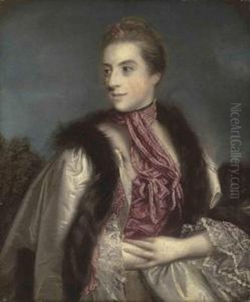 Portrait Of Elizabeth Drax, 
Countess Of Berkeley ,half-length, In A Fur-lined Gown And A Pink Scarf,
 A Flower In Herhair, A Landscape Beyond Oil Painting by Sir Joshua Reynolds