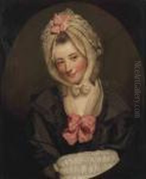 Portrait Of Catherine 
Schindlerin, Bust-length, In A Black Coat Andwhite Neck And Head Scarf 
With Pink Bows, Holding A Muff Oil Painting by Sir Joshua Reynolds