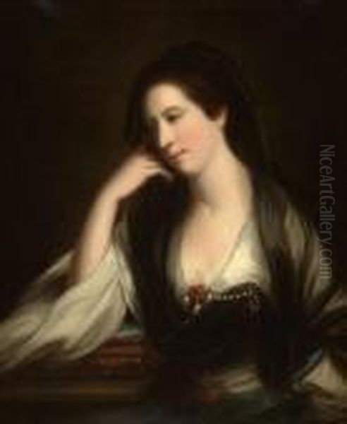 Viscountess Irvine In A White Jeweled Dress With Blackmantilla Oil Painting by Sir Joshua Reynolds