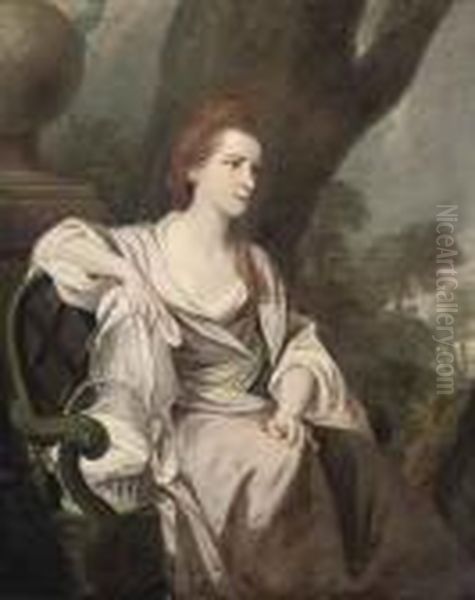 Portrait Of A Lady, 
Traditionally Identified As Elizabeth Osborne,countess Of Carysfort (d. 
1783), Three-quarter-length, Seated In Apink Dress, In A Landscape Oil Painting by Sir Joshua Reynolds